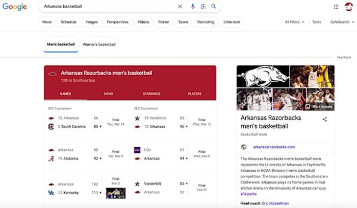 A Google search for Arkansas basketball.